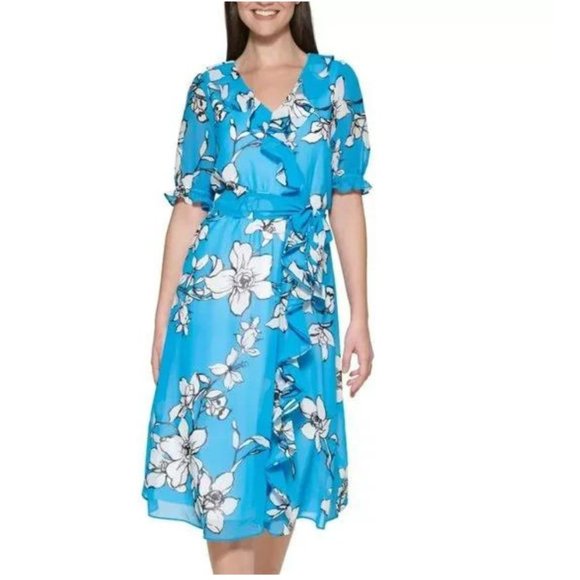 Calvin Klein Dresses & Skirts - Calvin Klein Womens Floral Printed Chiffon Faux Wrap Dress Blue Size M NWT